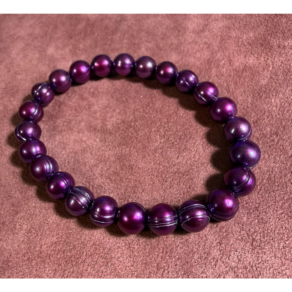 Genuine Cultured Freshwater Ringed Pearl Stretch Bracelet Purple 5mm Women’s 7” - Picture 7 of 7